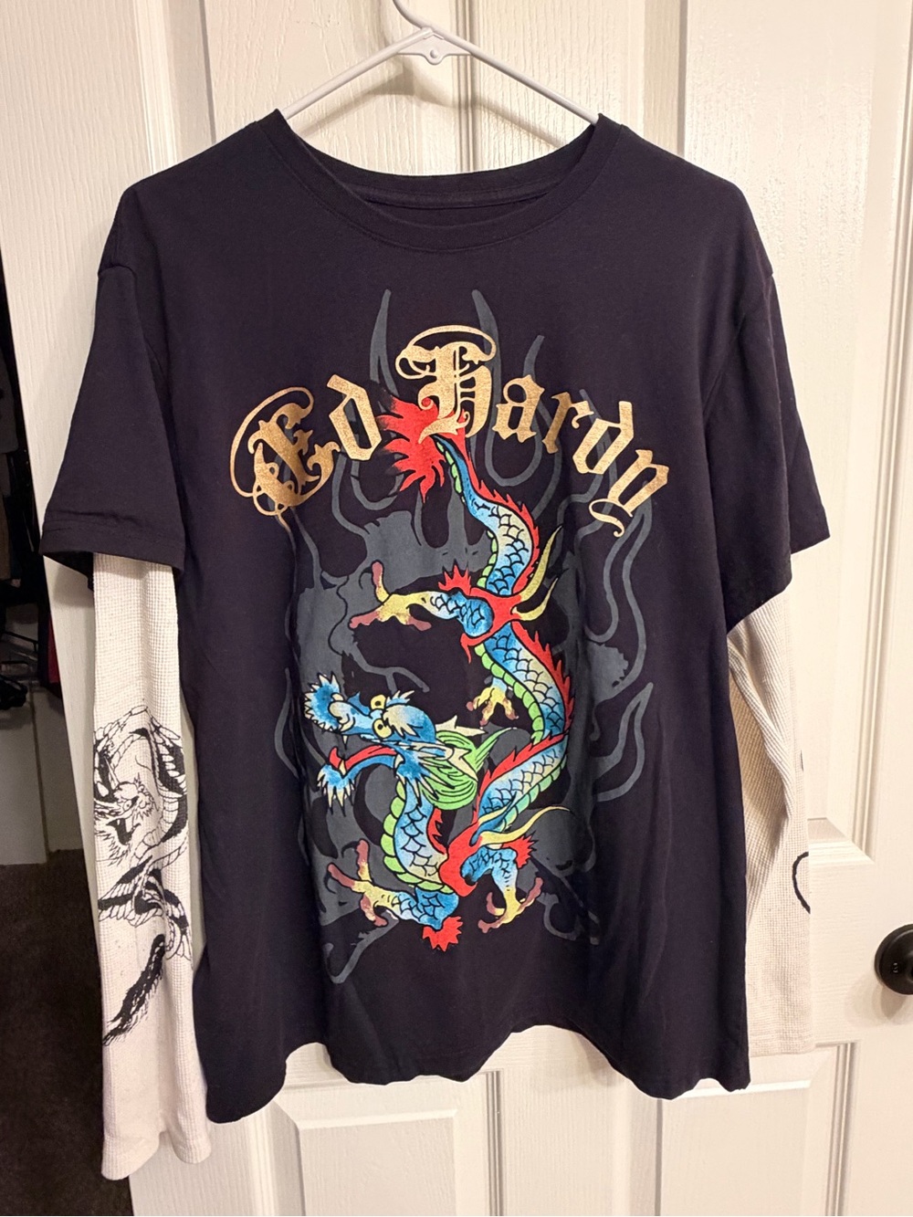 Ed Hardy Black Long-Sleeve Dragon Graphic Tee with Layered Sleeves